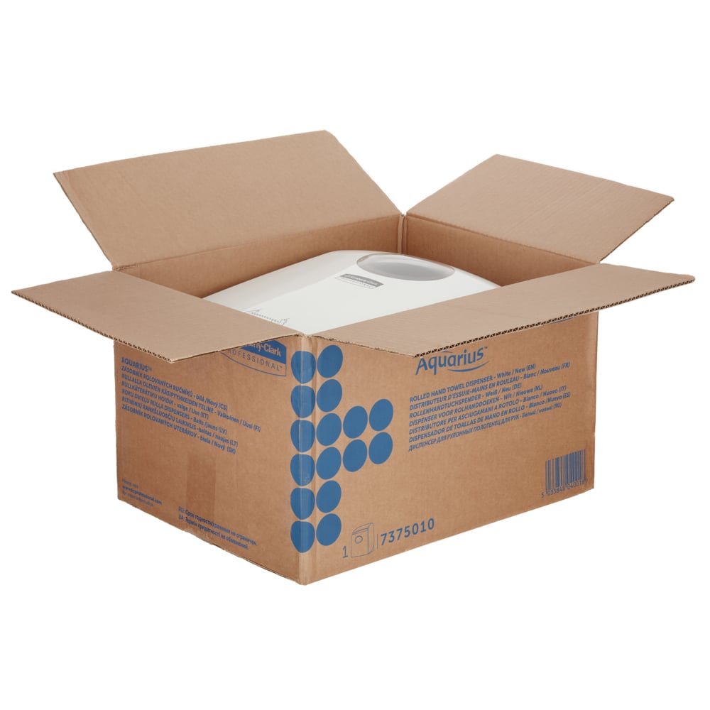 An opened cardboard box with blue graphics reveals a white Aquarius™ roll towel dispenser by Kimberly-Clark GmbH, emphasizing its hygienic design for public spaces.
