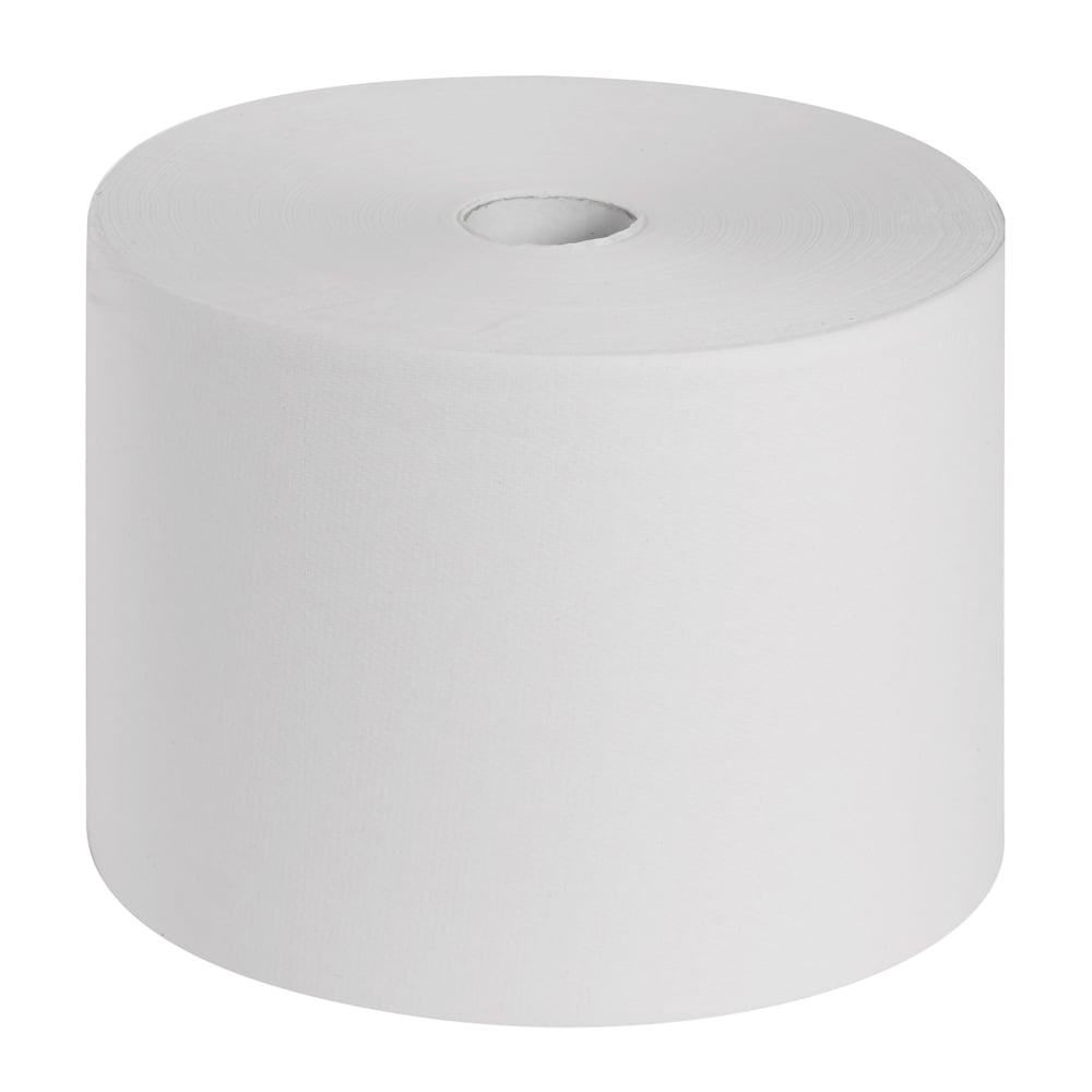 Die Scott® ESSENTIAL™ Ärzterollen der Kimberly-Clark GmbH, 6 Rollen x 200 Blatt, in Weiß, stehen aufrecht, mit sichtbarem Pappkern in der Mitte - perfekt für die Hygiene im medizinischen Bereich vor einem schlichten weißen Hintergrund.