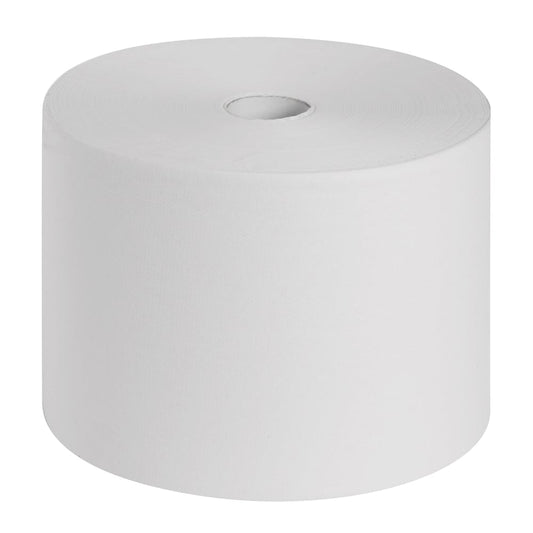 Die Scott® ESSENTIAL™ Ärzterollen der Kimberly-Clark GmbH, 6 Rollen x 200 Blatt, in Weiß, stehen aufrecht, mit sichtbarem Pappkern in der Mitte - perfekt für die Hygiene im medizinischen Bereich vor einem schlichten weißen Hintergrund.