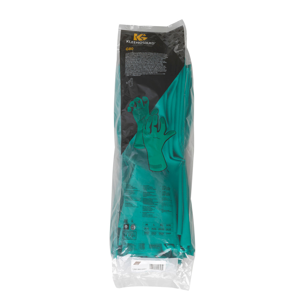 Eine versiegelte Verpackung der Kimberly-Clark GmbH enthält ein Paar KleenGuard® G80 Nitril-Chemikalienschutzhandschuhe mit langer Stulpe (45 cm), mit Produktinformation und Handschuhabbildung auf der Vorderseite.