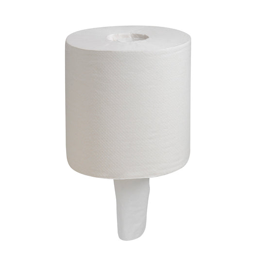 Abgebildet ist eine große weiße Rolle WypAll® L10 ESSENTIAL Wischtücher - Zentralentnahme von Kimberly-Clark GmbH mit einem in der Mitte hängenden Blatt vor einem schlichten weißen Hintergrund. Packung: 6 Rollen x 1 Blatt | Karton.