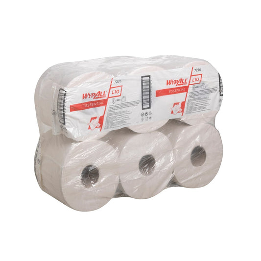 Eine in Kunststoff verpackte Packung mit 6 WypAll® L10 ESSENTIAL Wischtüchern (Weiß) von Kimberly-Clark GmbH, angeordnet in zwei Reihen, mit sichtbaren Etiketten - ideale Reinigungstücher für Zentralentnahme Systeme. Karton enthält 6 Rollen x 1 Blatt.