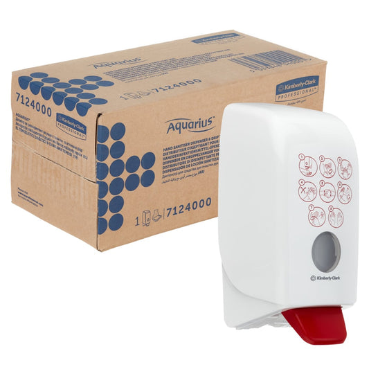 Ein Karton mit der Aufschrift "Kimberly-Clark GmbH" enthält einen Aquarius™ Händedesinfektionsspender, einen weißen 1-Liter-Wandspender mit rotem Hebel und einer illustrierten Anleitung auf der Vorderseite.