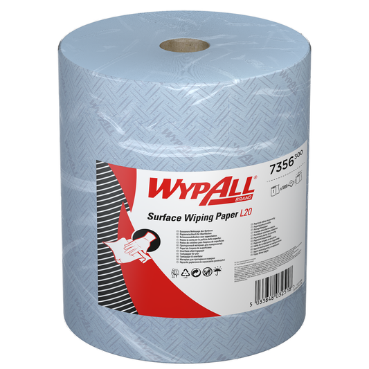 Das extrabreite blaue WypAll® L20 Papierwischtuch für Oberflächen Großrolle (1 Rolle x 1000 Blatt) der Kimberly-Clark GmbH steht aufrecht, das Etikett mit den Produktdetails und der sichtbare Pappkern sind gut sichtbar.