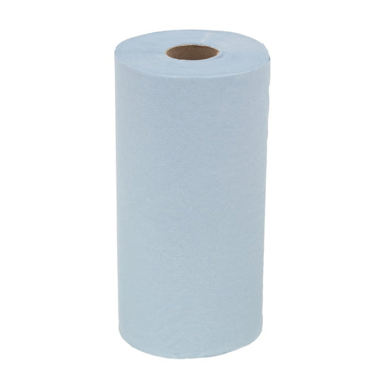 Ein einzelnes WypAll® L10 Papierwischtuch für Lebensmittel & Hygiene (Kleinrolle, 1-lagig, 46 x 24 cm) von Kimberly-Clark GmbH in Hellblau steht aufrecht auf weißem Hintergrund - ideal für Reinigung und Lebensmittelhygiene.