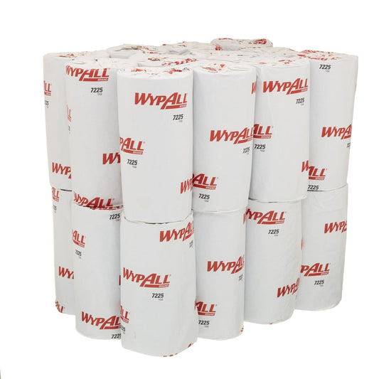 Ein Set von 12 WypAll® L10 Papierwischtuch Kleinrollen von Kimberly-Clark GmbH (1-lagig, 46x24 cm), jeweils in weißer Verpackung mit roten Logos und Produktnummer 7225 - ideal für Reinigung und Lebensmittel Hygiene.