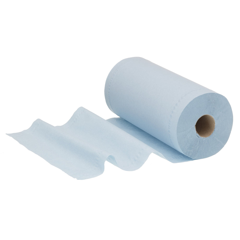 Abgebildet ist ein teilweise ausgerolltes WypAll® L20 EXTRA+ Kleinrollen Wischtuch (blau, 2-lagig, 24 Rollen x 140 Blatt) der Kimberly-Clark GmbH auf weißem Hintergrund - ideal für die professionelle Reinigung.