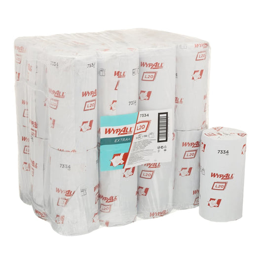 Abgebildet ist eine Großpackung WypAll® L20 EXTRA+ Wischtücher Kleinrollen, 2-lagig blau, 24 Rollen x 140 Blatt der Kimberly-Clark GmbH, eine Rolle vorne. Weiße Verpackungen zeigen die Marke und Details - ideal für die professionelle Reinigung.