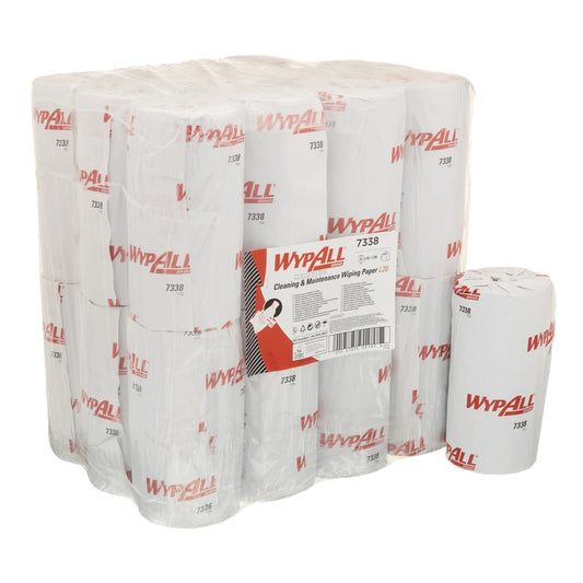 Eine große, in Kunststoff verpackte Packung WypAll® L20 Papierwischtuch für Instandhaltungsarbeiten von Kimberly-Clark GmbH, 2-lagig, 24 Kleinrollen à 116 Tücher; eine einzelne Rolle steht aufrecht neben dem Karton.