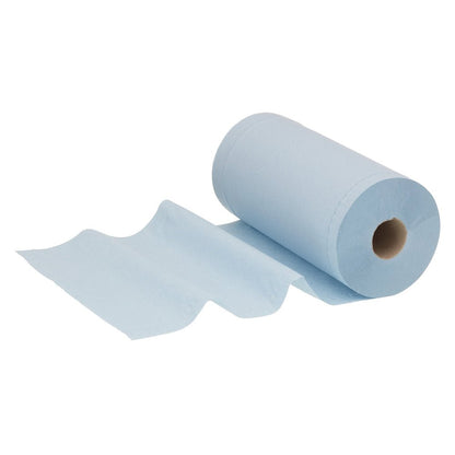 A partially unrolled roll of Kimberly-Clark GmbH WypAll® L20 maintenance paper wiper (Small roll, blue, 2-ply, 24 rolls x 116 sheets) shows perforated sheets and the core - perfect for maintenance or industrial cleaning.