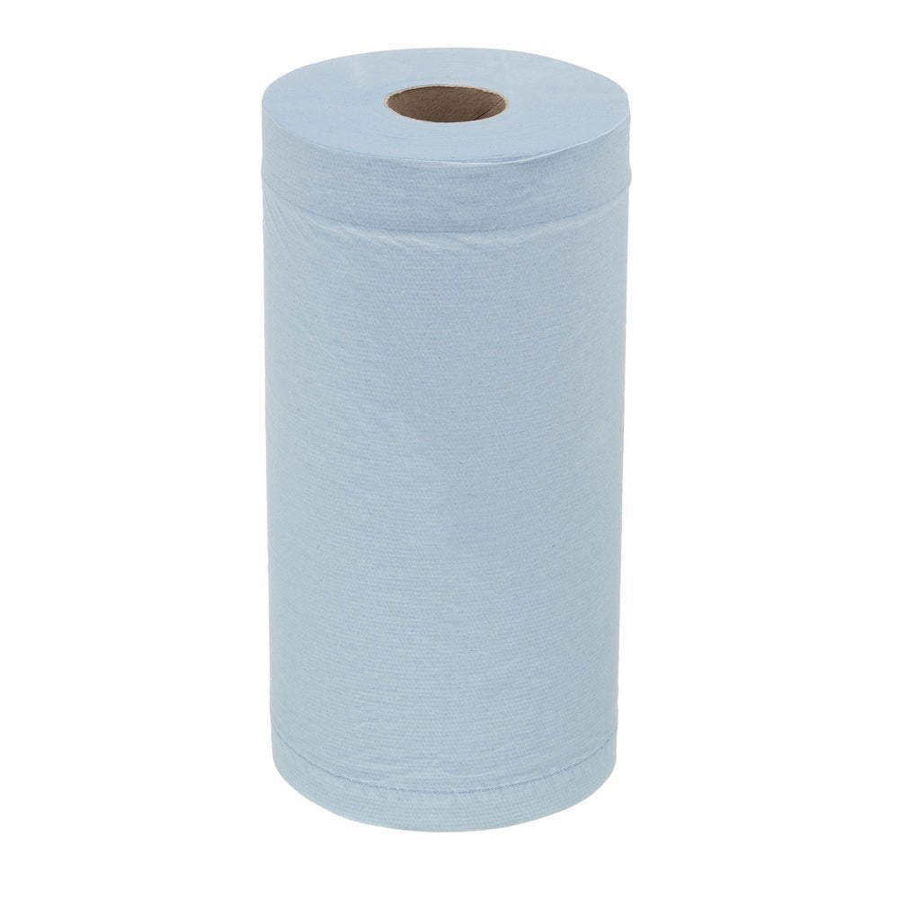 Pictured is a full, upright standing roll of WypAll® L20 maintenance paper wiper (Blue, 2-ply) from Kimberly-Clark GmbH with visible cardboard tube. Perfect for professional cleaning tasks. Package: 24 rolls x 116 sheets.