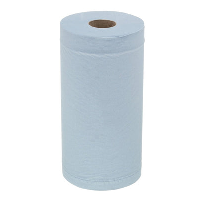 Pictured is a full, upright standing roll of WypAll® L20 maintenance paper wiper (Blue, 2-ply) from Kimberly-Clark GmbH with visible cardboard tube. Perfect for professional cleaning tasks. Package: 24 rolls x 116 sheets.