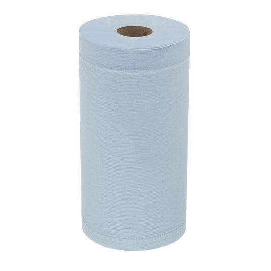 Abgebildet ist eine volle, aufrecht stehende Rolle WypAll® L20 Papierwischtuch für Instandhaltungsarbeiten (Blau, 2-lagig) der Kimberly-Clark GmbH mit sichtbarer Pappröhre. Perfekt für professionelle Reinigungsaufgaben. Packung: 24 Rollen x 116 Blatt.