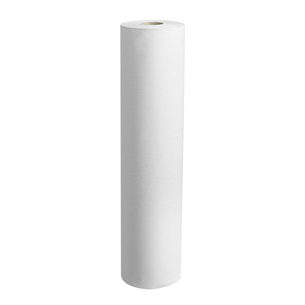 Die Abbildung zeigt eine Scott® Ärzterollen - Rolle (38,00 cm x 51,00 cm) der Kimberly-Clark GmbH, eine große Rolle aus weißem Papier mit hohlem Kern, die häufig für Untersuchungsliegen in medizinischen Einrichtungen verwendet wird, auf weißem Hintergrund.