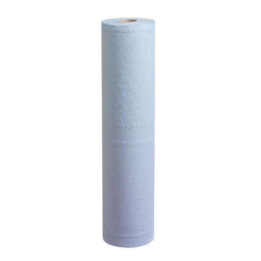 Ein Karton mit 12 Scott® EXTRA Ärzterollen in blau von Kimberly-Clark GmbH, jede Rolle mit 140 Blatt - ideal für medizinische Einrichtungen. Die Rollen sind aufrecht auf weißem Hintergrund mit sichtbaren Nahtlinien abgebildet.