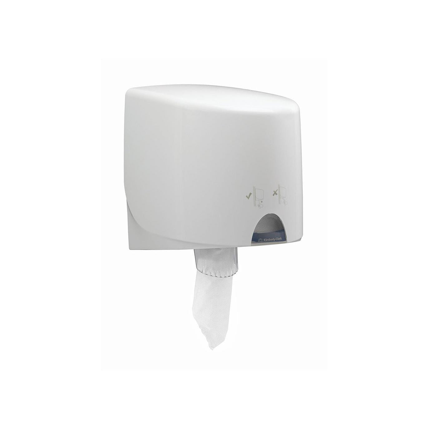 Ein an der Wand montierter weißer WypAll® L10 Papierwischtuchspender der Kimberly-Clark GmbH fasst ein einzelnes, hängendes Blatt; klare Symbole zeigen korrekte und falsche Zentralentnahme-Methoden für hygienische, lebensmittelsichere Handtuchverwendung. 6 Rollen x 800 Blatt pro Karton.