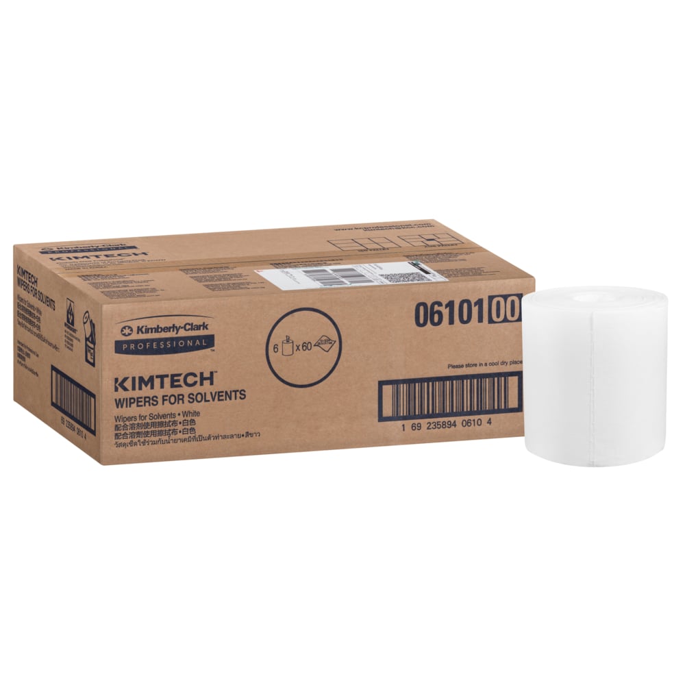 A brown box labeled "WypAll® Wettask™ PowerClean" by Kimberly-Clark GmbH stands next to a white roll. The box (6 rolls) contains 6 refill packs each with 60 sheets - ideal for professional cleaning, with product information and barcodes provided.