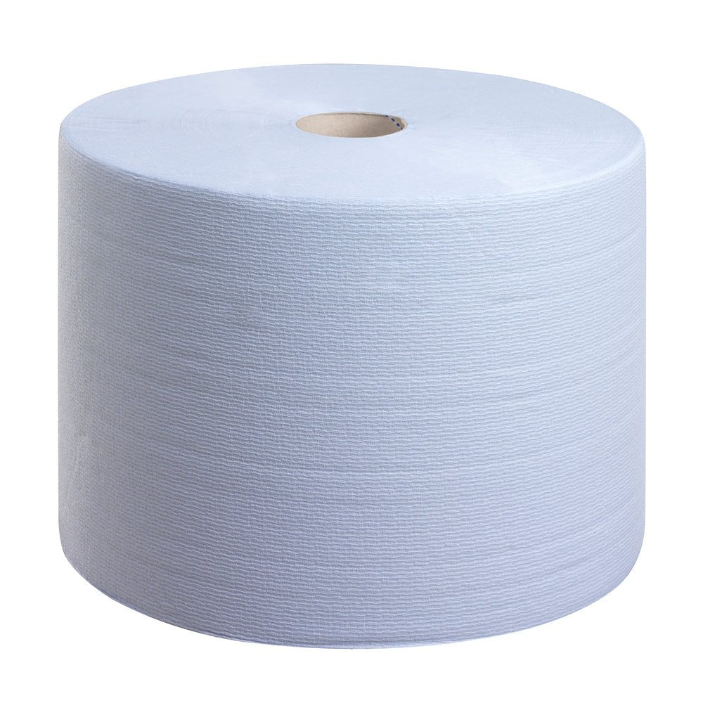 A large WypAll® L10 EXTRA wiping cloths large roll (blue, 1 roll x 1500 sheets) from Kimberly-Clark GmbH is depicted with a visible cardboard core against a solid white background.
