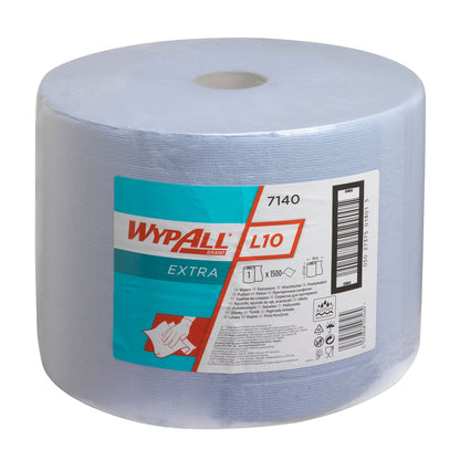 A WypAll® L10 EXTRA wiping cloths large roll (Blue, 1 roll x 1500 sheets) from Kimberly-Clark GmbH stands upright on a white background. The label highlights these blue cleaning cloths as ideal for industrial use.