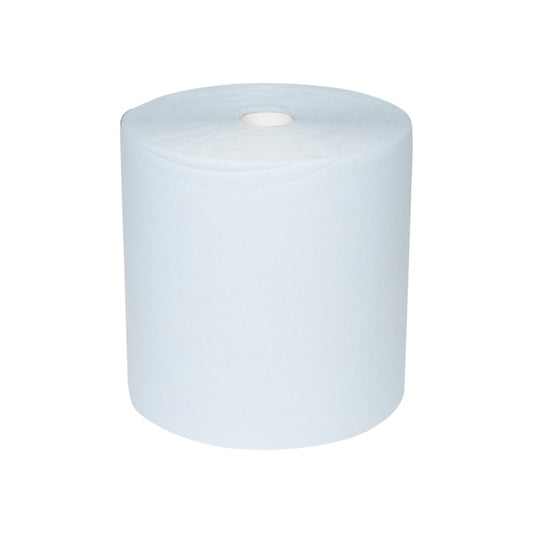 Ein großes WypAll® L10 Papierwischtuch für Oberflächen Großrolle (38,00 cm x 32,50 cm) von Kimberly-Clark GmbH steht aufrecht vor weißem Hintergrund - ideal zur Reinigung von Oberflächen dank extra breiter, zylindrischer Form mit sichtbarem Hohlkern.