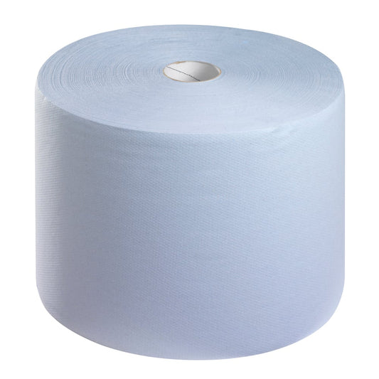 Ein großes WypAll® L10 Papierwischtuch für Oberflächen Großrolle (38,00 cm x 23,50 cm) der Kimberly-Clark GmbH steht aufrecht auf weißem Grund, sein hohler Kern und seine strukturierte Oberfläche sind ideal für Reinigungsaufgaben.