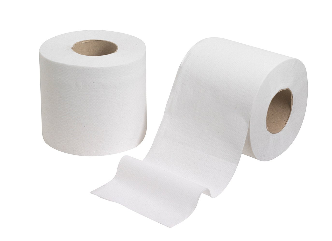 Zwei weiße Kleenex®-Toilettenpapierrollen (Kimberly-Clark GmbH) aus einer 24er-Packung sind ausgestellt - eine aufrecht, die andere liegend, wobei einige der 200 Blätter abgerollt sind und nach vorne herausragen.