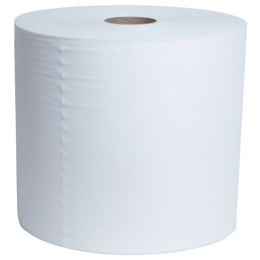 Die Kimtech® Aviation Reinigungstücher Großrolle von Kimberly-Clark GmbH ist eine große, weiße Industriepapierrolle (1 x 900 Blatt), aufrecht stehend mit einem braunen Kern - ideal für Reinigungsaufgaben in der Luftfahrt.