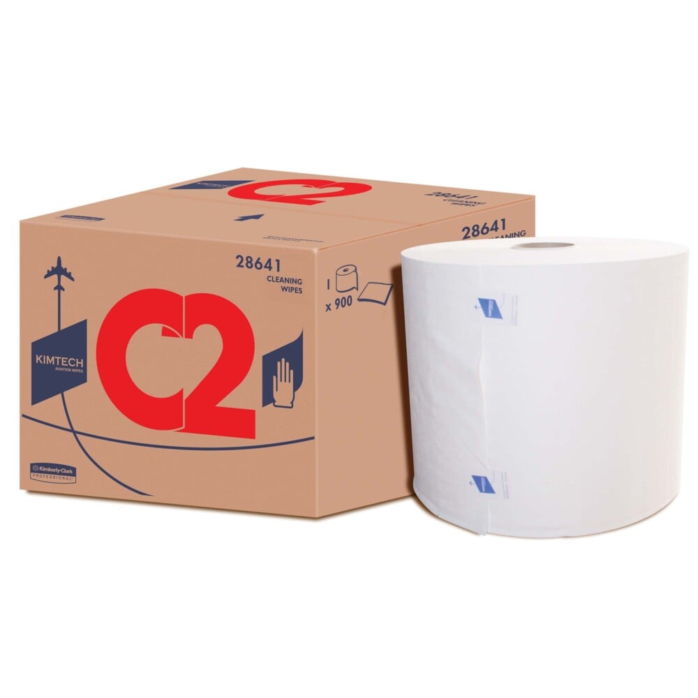 A carton labeled "Kimtech® Aviation Cleaning Wipes - Large Roll / White - 1 Roll x 900 Sheets | Carton (1 Roll)" from Kimberly-Clark GmbH is pictured next to a large white roll with product details and a hand illustration for use in aviation.