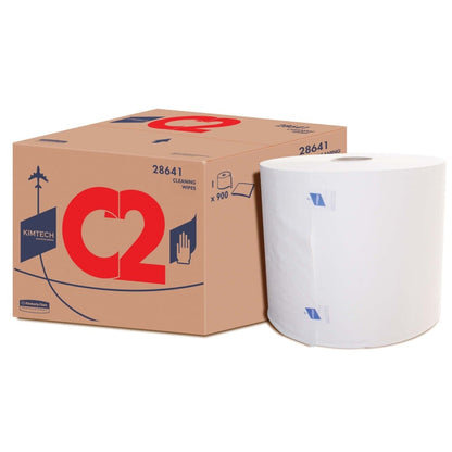 A carton labeled "Kimtech® Aviation Cleaning Wipes - Large Roll / White - 1 Roll x 900 Sheets | Carton (1 Roll)" from Kimberly-Clark GmbH is pictured next to a large white roll with product details and a hand illustration for use in aviation.