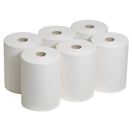 Six Scott® Control™ Slimroll™ Handtücher - 6 Rollen von Kimberly-Clark GmbH - sind in zwei Reihen zu je drei Rollen angeordnet, ideal für platzsparende und hygienische Händetrocknung auf weißem Hintergrund.