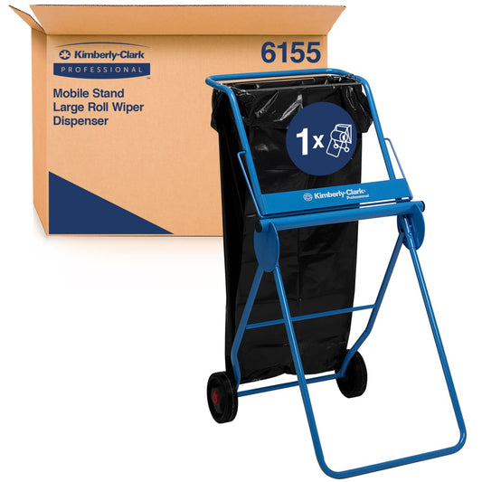 Ein Kimberly-Clark Professional™ Mobiler Ständer für Wischtuchrollen - Großrolle/Blau (1 Spender, Kimberly-Clark GmbH) steht vor seiner Verpackung und zeigt Platz für eine Wischtuchrollen Großrolle sowie einen schwarzen Abfallbeutel.