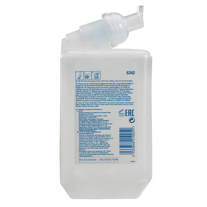 The Scott® Control™ foam hand cleanser from Kimberly-Clark GmbH (1L cassette, transparent) shows a white/blue label with instructions, icons, barcode, and certifications. Ideal for frequent use; with nozzle cap and stand function. 6 cartridges/box.