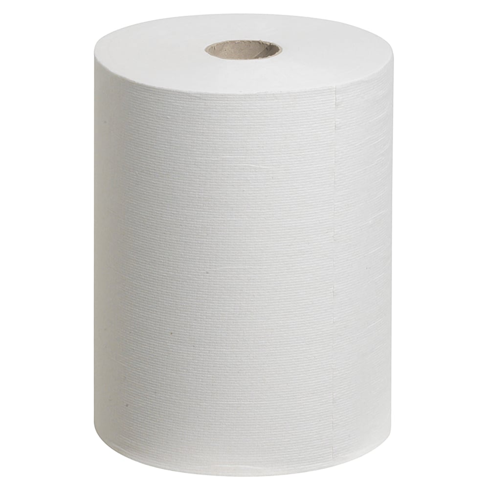 Eine weiße Scott® Control™ Slimroll™ Handtücher Papierhandtuchrolle der Kimberly-Clark GmbH steht aufrecht; ihre glatte, gefütterte Oberfläche und das Mittelrohr sind sichtbar - ideal für platzsparende Papierhandtücher und hygienische Händetrocknung.