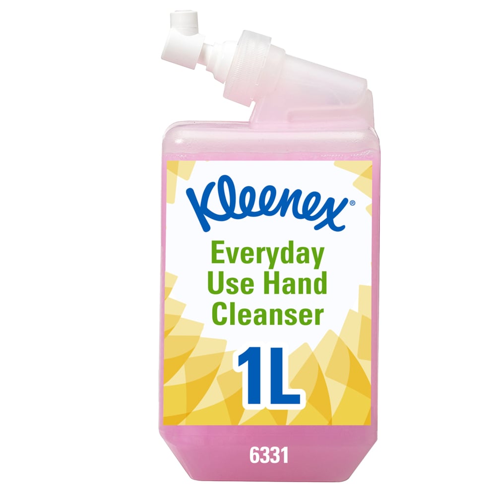 Eine rosafarbene 1-Liter-Kassette Kleenex® Normale Waschlotion von Kimberly-Clark GmbH (6 Stück pro Schachtel) mit der Aufschrift "6331" und gelben geometrischen Akzenten - ideal als Nachfüllkartusche für die tägliche Handreinigung.
