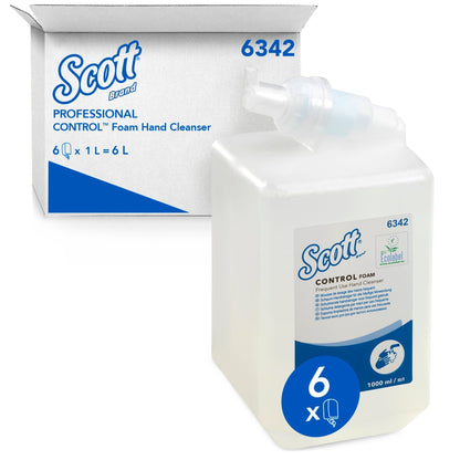 A 1L cassette of Scott® Control™ foam hand cleanser from Kimberly-Clark GmbH is in front of the packaging, displaying the product name, logo, 6342 code, and a symbol for 6 cartridges per box—ideal for frequent use.