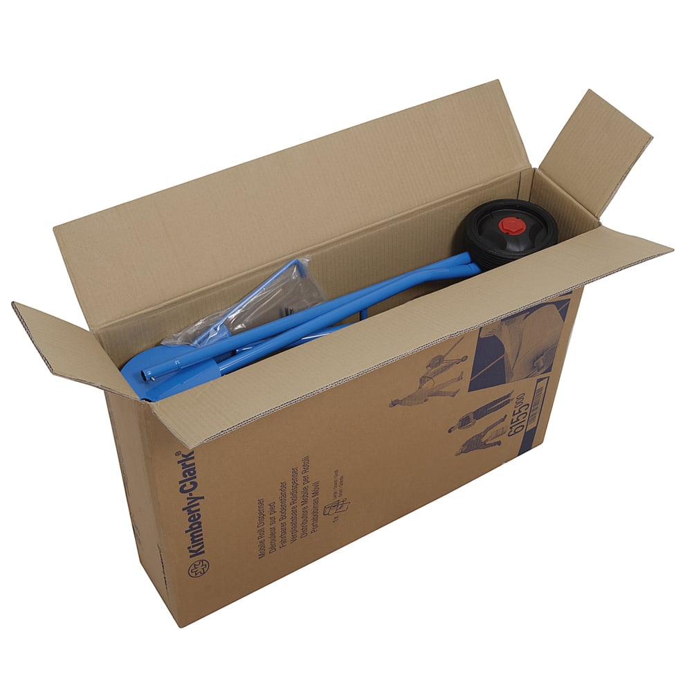 Ein geöffneter Karton zeigt einen blauen Kimberly-Clark Professional™ Mobiler Ständer für Wischtuchrollen (Großrolle, 1 Spender), eine schwarze Rolle mit roter Mitte und Ersatzteile. Der Karton ist mit dem Logo und Text der Kimberly-Clark GmbH versehen.