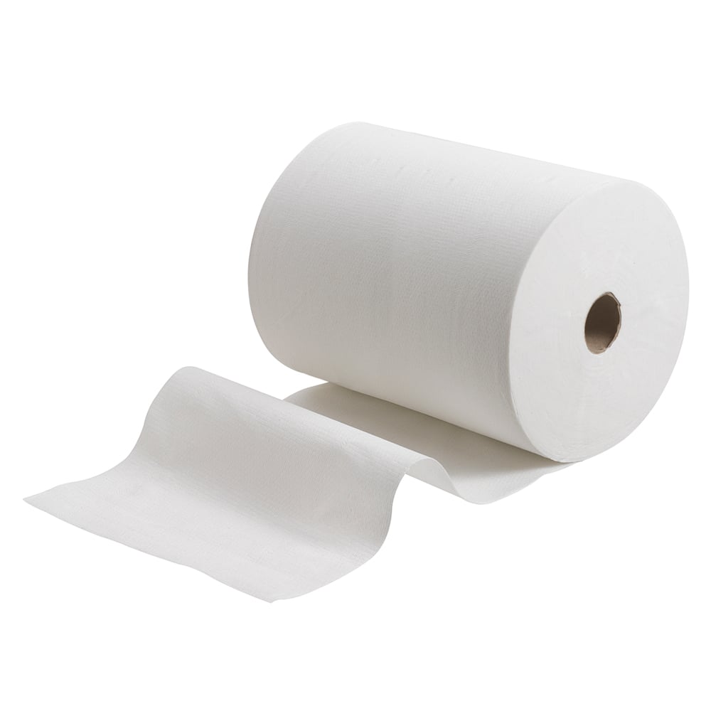 Eine große Rolle Scott® Control™ Slimroll™ Handtücher von Kimberly-Clark GmbH zeigt ausgezogene Blätter, die platzsparende, hygienische Händetrocknung bieten. Produkt: 6 Rollen x 1 Blatt, Weiß, Karton (6 Rollen).