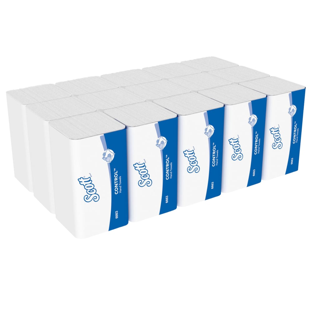 A stack of Scott® CONTROL™ folded hand towels from Kimberly-Clark GmbH in white, 15 packs x 212 sheets per carton (15 packs), features an absorbent design ideal for hygienic hand drying - a total of 3,180 sheets.