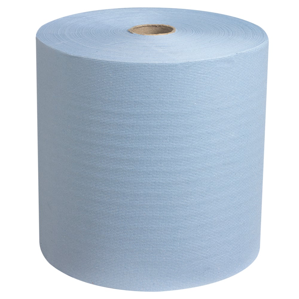 Eine große Rolle Scott® Handtücher - Rolle (304,00 m x 19,80 cm) der Kimberly-Clark GmbH mit Pappkern steht aufrecht auf weißem Hintergrund und bietet eine praktische und nachhaltige Handtuchlösung für den Arbeitsplatz.