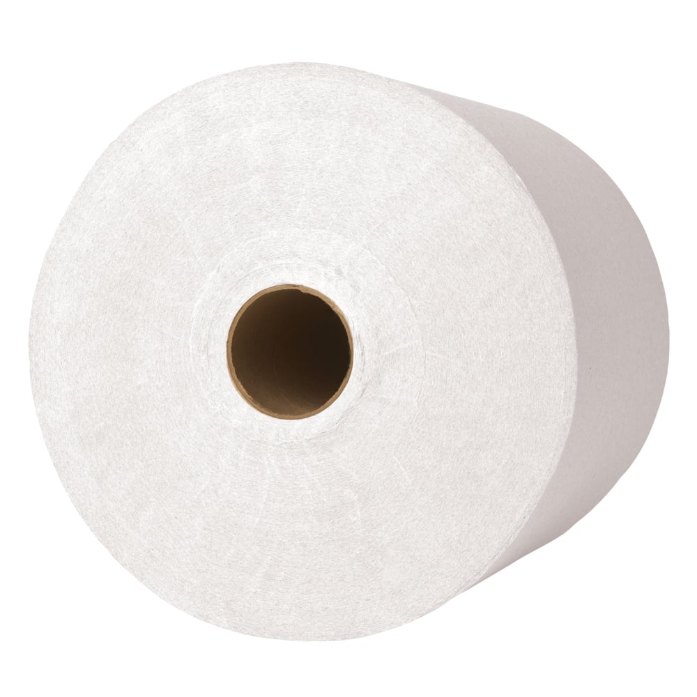 Die Scott® Handtücher - Rolle (304,00 m x 19,80 cm) von Kimberly-Clark GmbH ist eine große, weiße Industriehandtuchrolle mit braunem Pappkern, die von oben auf einem schlichten weißen Hintergrund abgebildet ist.