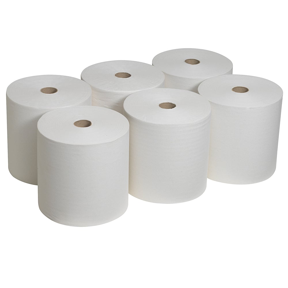 Sechs große Scott® Handtücher-Rollen (304 m x 19,8 cm) von Kimberly-Clark GmbH liegen in zwei Reihen auf schlichtem Hintergrund; jede nachhaltige Rolle zeigt einen braunen Kartonkern.