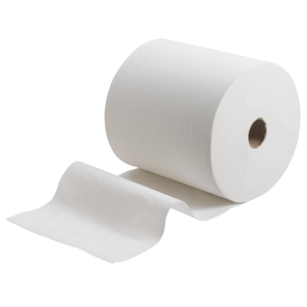 Eine große Scott® Handtücher Rolle (304,00 m x 19,80 cm) von Kimberly-Clark GmbH wird teilweise auf einem schlichten weißen Hintergrund abgerollt, um ihre Qualität und Funktionalität zu unterstreichen.