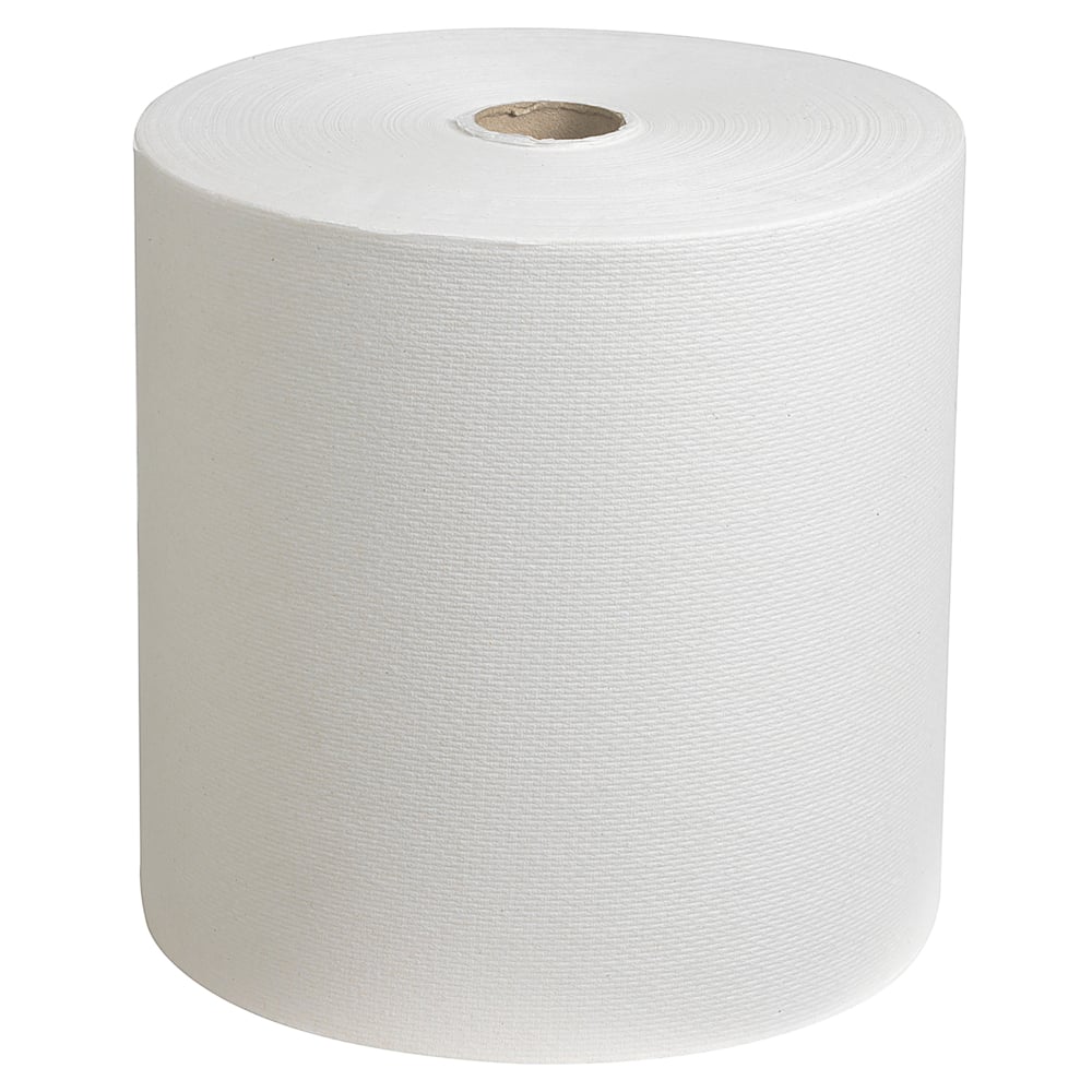 Ein Scott® Handtuch - Rolle (304,00 m x 19,80 cm) der Kimberly-Clark GmbH steht aufrecht und zeigt mit seiner strukturierten Oberfläche und dem hohlen Kern seine Alltagstauglichkeit.