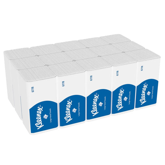 Eine Großpackung Kleenex® Falthandtücher von Kimberly-Clark GmbH: 15 Päckchen à 124 weiße Tücher im Karton - praktisch, hygienisch und ideal zur geordneten Entnahme.