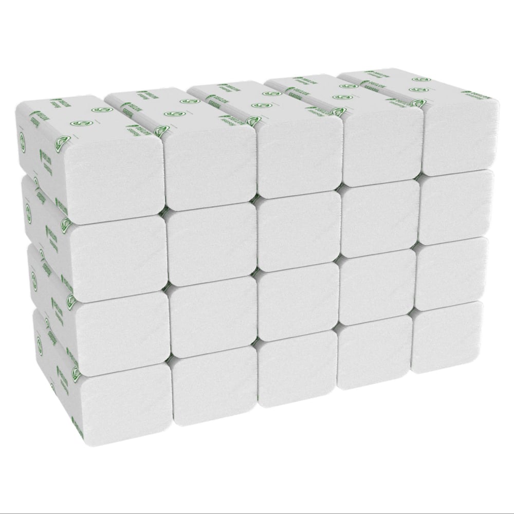 Eine Kiste Hostess™ NATURA™ Handtücher von Kimberly-Clark GmbH - 20 Packungen großer, gefalteter weißer Handtücher (je 84 Blatt), ideal für öffentliche Waschräume, die mit Papierhandtüchern öffentlich oder ähnlichen Produkten bestückt sind.