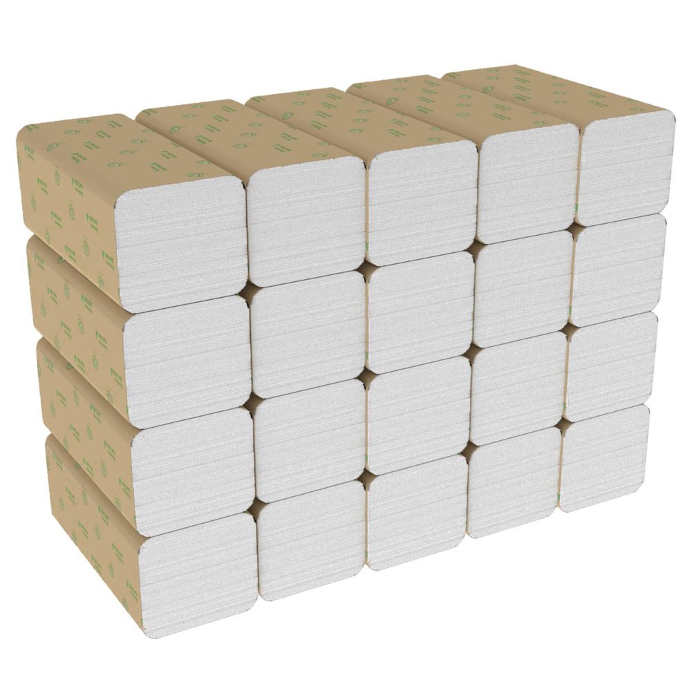 A stack of 20 Hostess™ NATURA™ hand towels (zig-zag fold, 23 x 25 cm) from Kimberly-Clark GmbH comes in brown paper, arranged in four rows and five columns.