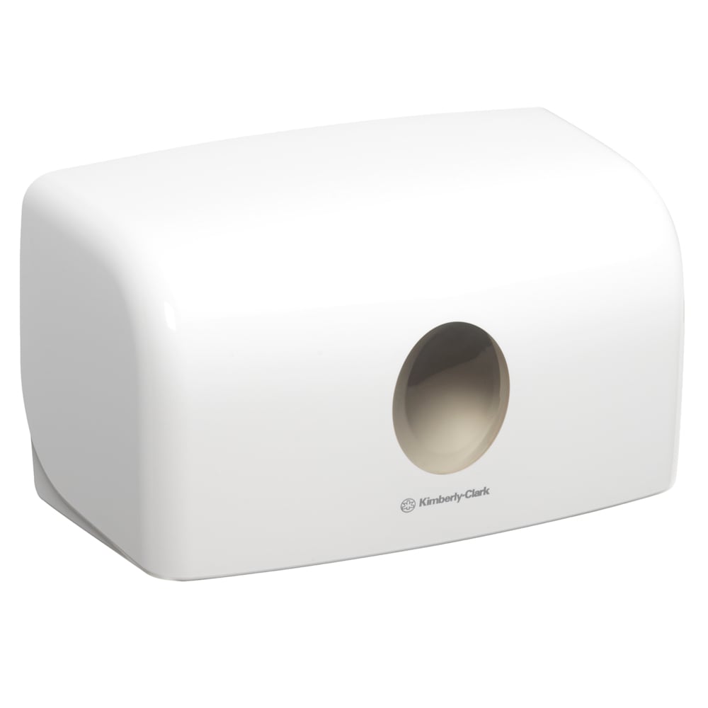 Der Aquarius™ Spender für gefaltete Handtücher (weiß, klein) von Kimberly-Clark GmbH bietet durch sein modernes Design und zentrale Öffnung eine hygienische Tuchentnahme.