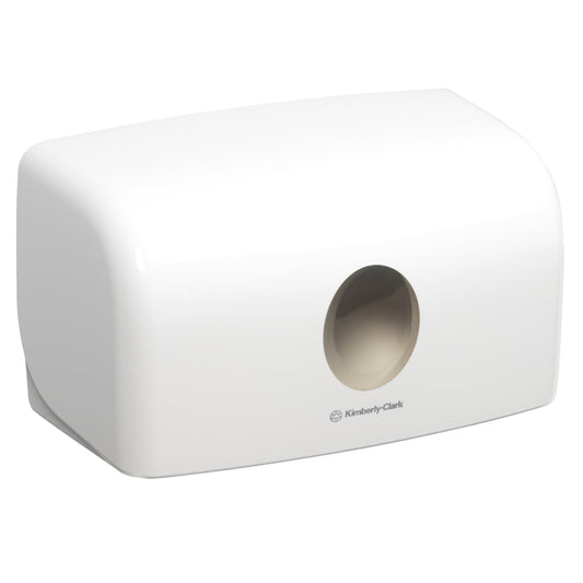 Der Aquarius™ Spender für gefaltete Handtücher (weiß, klein) von Kimberly-Clark GmbH bietet durch sein modernes Design und zentrale Öffnung eine hygienische Tuchentnahme.