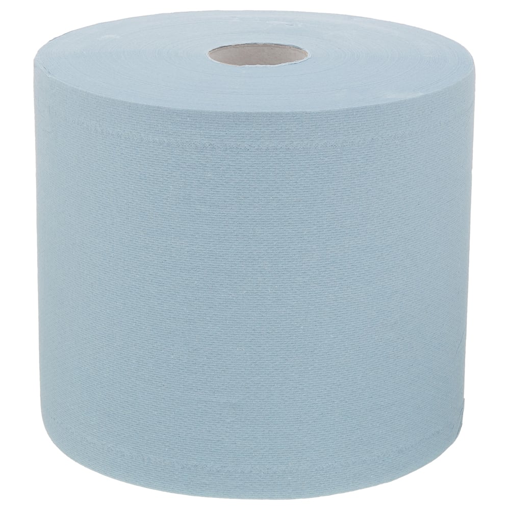 Das WypAll® L20 Papierwischtuch für Instandhaltungsarbeiten - Großrolle in Blau (1 Rolle x 500 Tücher) von Kimberly-Clark GmbH steht aufrecht vor weißem Hintergrund - ideal für Wartungs- und Reinigungsaufgaben.
