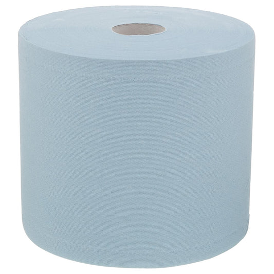 Das WypAll® L20 Papierwischtuch für Instandhaltungsarbeiten - Großrolle in Blau (1 Rolle x 500 Tücher) von Kimberly-Clark GmbH steht aufrecht vor weißem Hintergrund - ideal für Wartungs- und Reinigungsaufgaben.